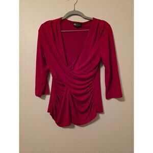 Red Draped "Wrap" Top Petite Y2K Ruched V Neck Stretch Blouse